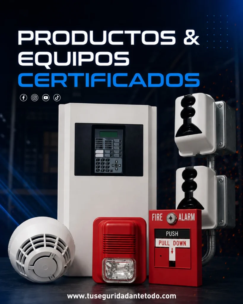 Productos y equipos certificados de detección de incendio: central, detector, sirena y estación manual
